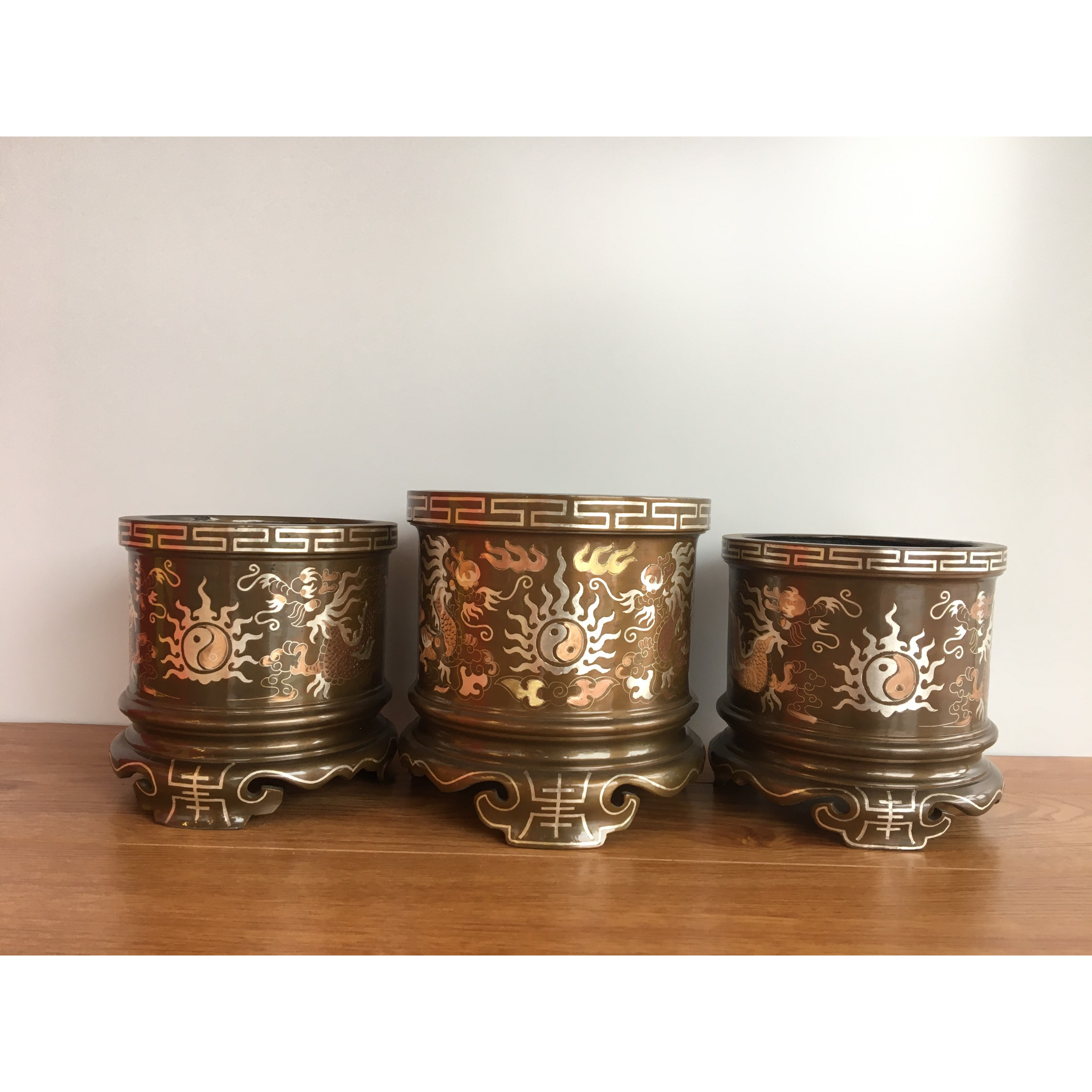 Bộ 3 Bát Hương Bằng Đồng Đỏ Khảm Tam Khí Song Long Chầu Nguyệt