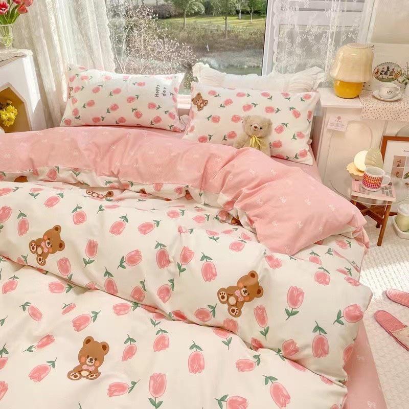 Bô Chăn Ga Gối Cotton Living 100%cotton Hàng Nhập Khẩu Cao Cấp 4 Món Hoa Nhí Hồng