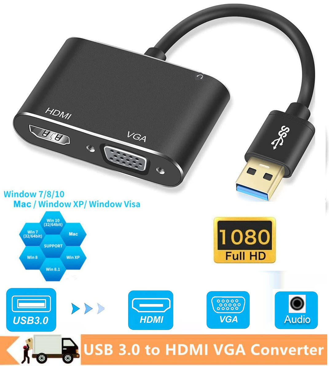 3 in 1 USB 3.0 to HDMI-compatible VGA Converter Dual Output USB to VGA HDMI HD 1080P for Mac OS Windows 7/8/10