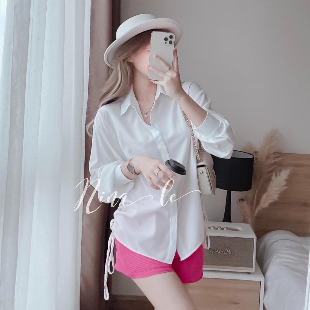 Sét bộ sơ mi dài tay rút dây phối quần đùi xinh xắn thời trang nữ dạo phố, đi biển
