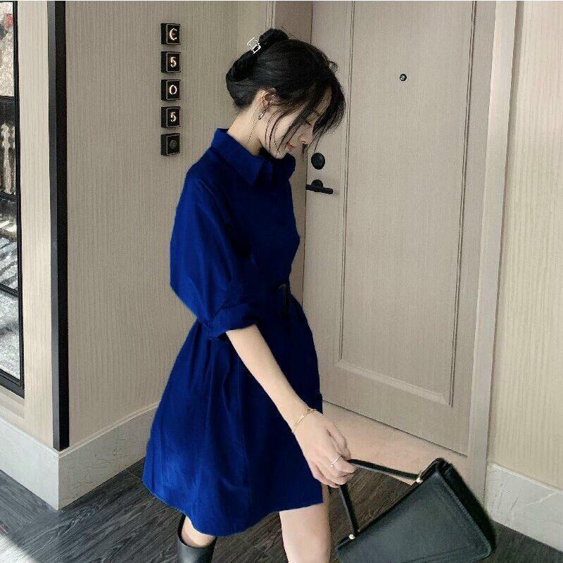 ĐẦM SUÔNG CỔ SƠ MI TAY LỠ THẮT EO