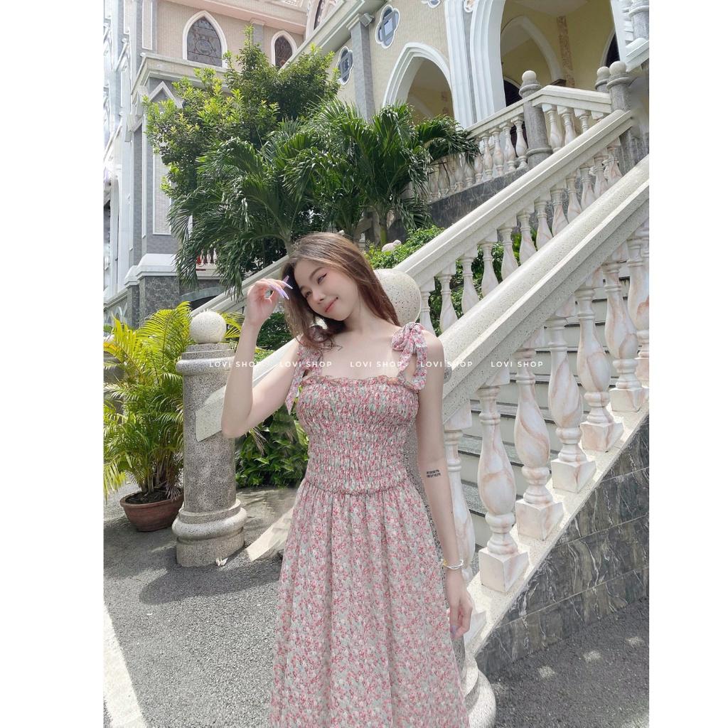 Váy đầm maxi voan hoa 2 dây hoa nhí thiết kế tiểu thư vintage Lovi
