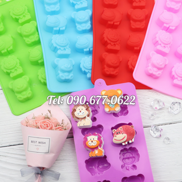 Khuôn silicone làm bánh, rau câu, socola 8 con hà mã, sư tử, gấu – Mã số 1435