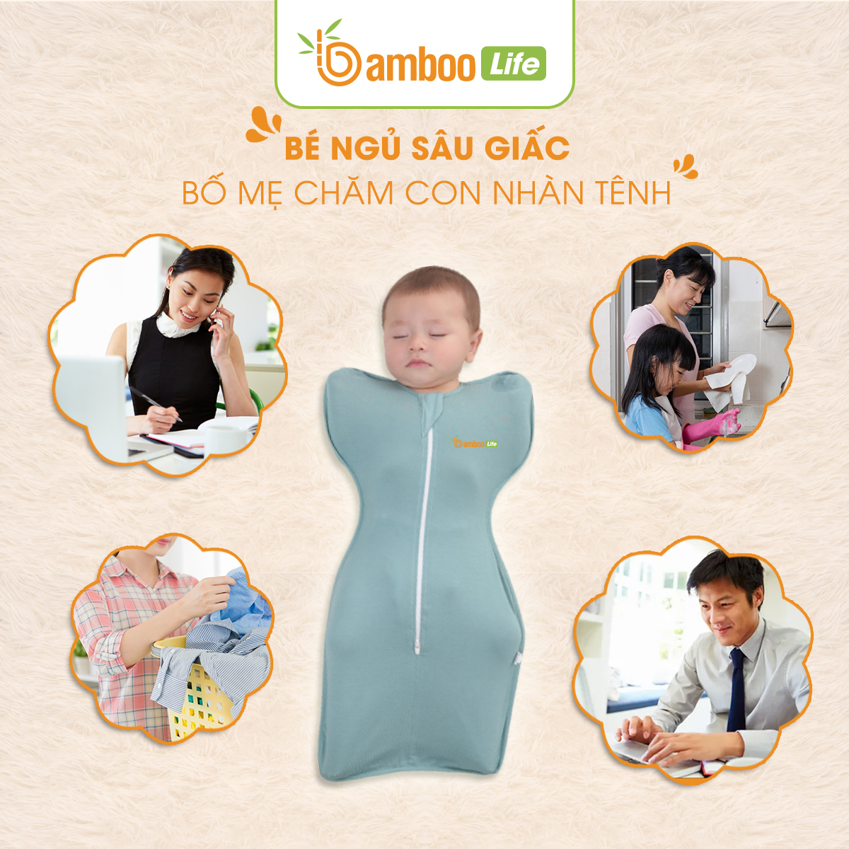 Nhộng chũn Quấn chũn sợi tre Bamboo Life BL069 hàng chính hãng cho bé Túi ngủ cho bé giúp bé ngủ sâu chống giật mình 