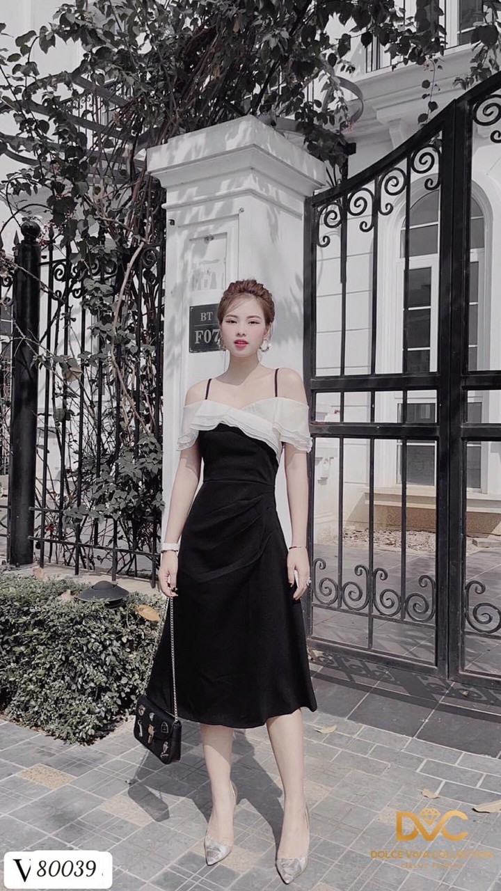 Đầm váy dây nữ vai hở dự tiệc dạo phố màu đen sang trọng tiểu thư