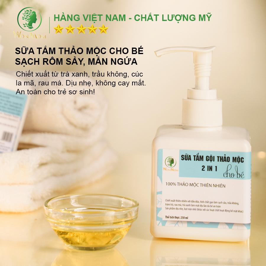 Bộ tắm gội thảo mộc và giữ ấm cho bé yêu Wonmom ( 1 Dầu tràm + 1 Sữa tắm gội thảo mộc cho bé )