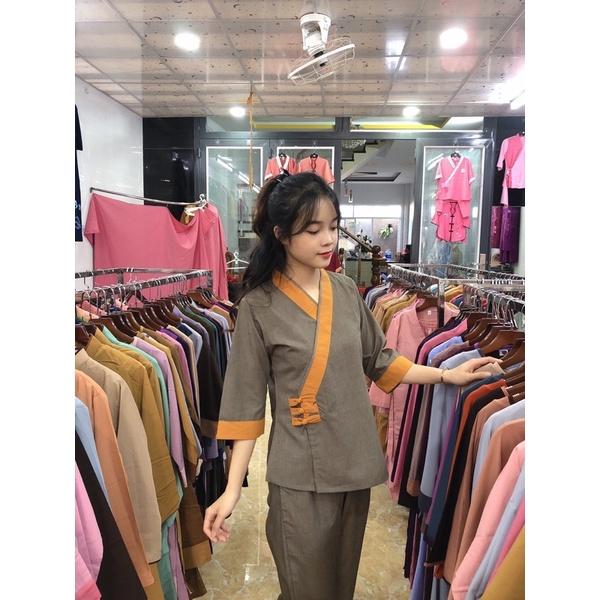 Thời trang nữ đi chùa, áo lam phật giáo, đồ bộ nữ, đồ lam nữ đính nút tixi cao cấp