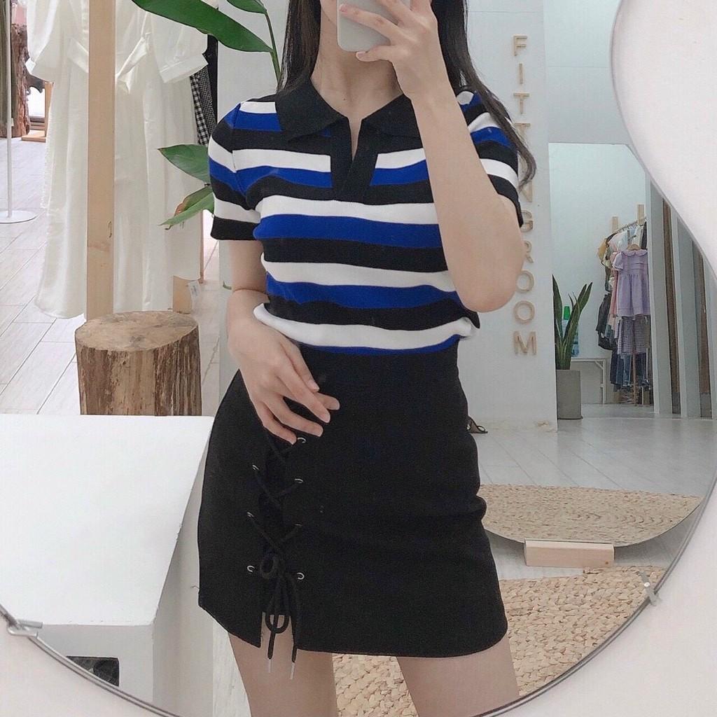 ÁO KIỂU SƠ MI SỌC NGANG TAY NGẮN FORM ÔM