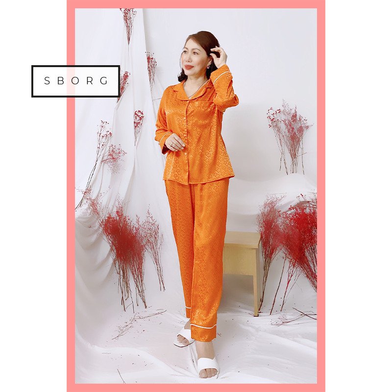 Đồ bộ nữ SBORG pijama gấm lụa in họa tiết cao cấp mềm mát, áo tay dài sang trọng có túi quần sâu bigsize 45-75kg quà tặng mẹ và vợ, đồ đôi mẹ và con gái thuận tiện mặc nhà và cả ra ngoài