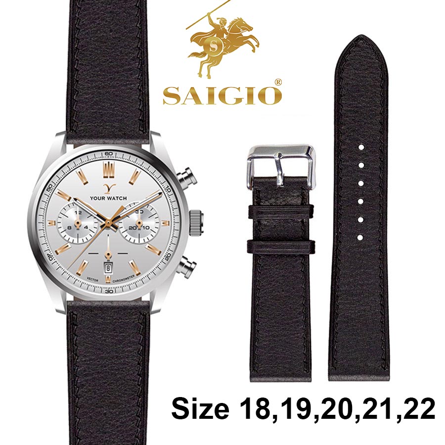 Dây Da Đồng Hồ Cổ Điển, 100 Da Bò Thật, Kiểu Dáng Phẳng Mỏng, Mặt Lót Chống Thấm Mồ Hôi, Tích Hợp Lớp Gia Cố Chống Giãn Đặc Biệt, Phụ Kiện Khóa và Chốt Bằng Thép Không Gỉ 316L – Hàng Chính Hãng SAIGIO – Đen – 20-18mm