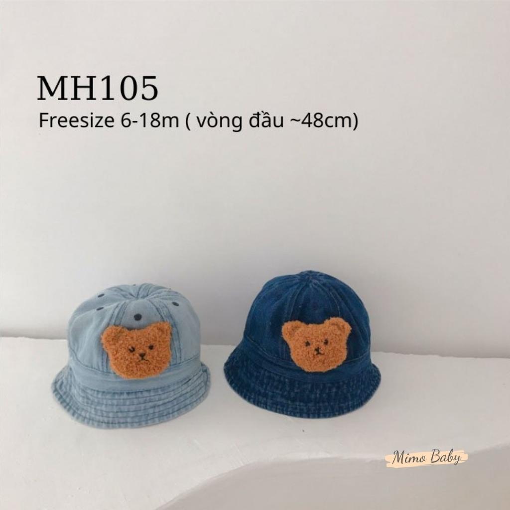 Mũ bucket, mũ tai bèo vải denim đính gấu bông phong cách vintage cho bé MH105 Mimo Baby