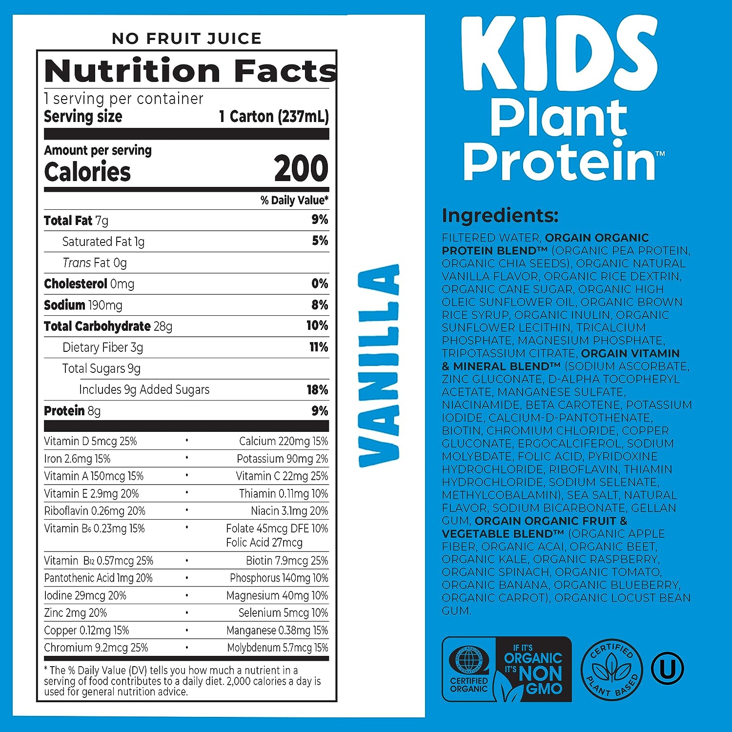 Sữa Tươi Hữu Cơ Orgain Kids PLANT Protein 237ml - Vị Vani