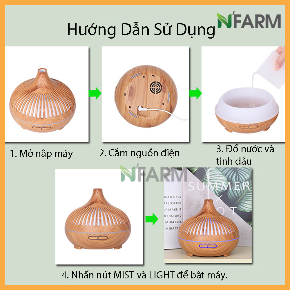 Combo máy khuếch tán, máy xông tinh dầu NFarm Giọt Nước Sọc NF2073 + tinh dầu sả chanh N'Farm (10ml). Phun sương sóng siêu âm. Có remote điều khiển