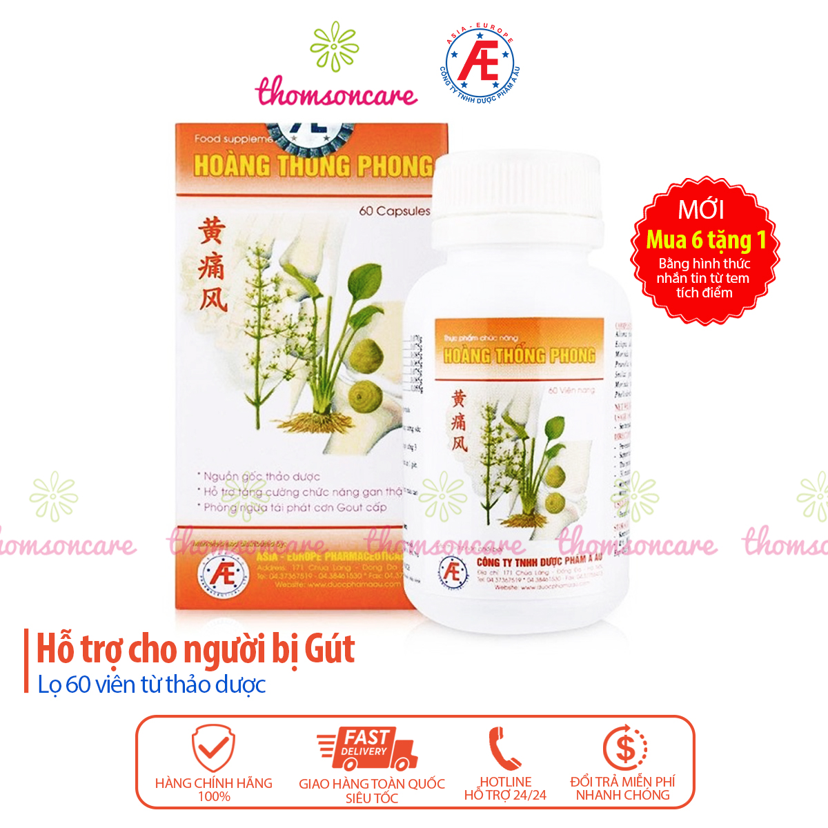 Hoàng thống phong lọ 60v - Mua 6 tặng 1 bằng tem tích điểm - Giảm gout, acid uric máu, hỗ trợ giảm đau do gút