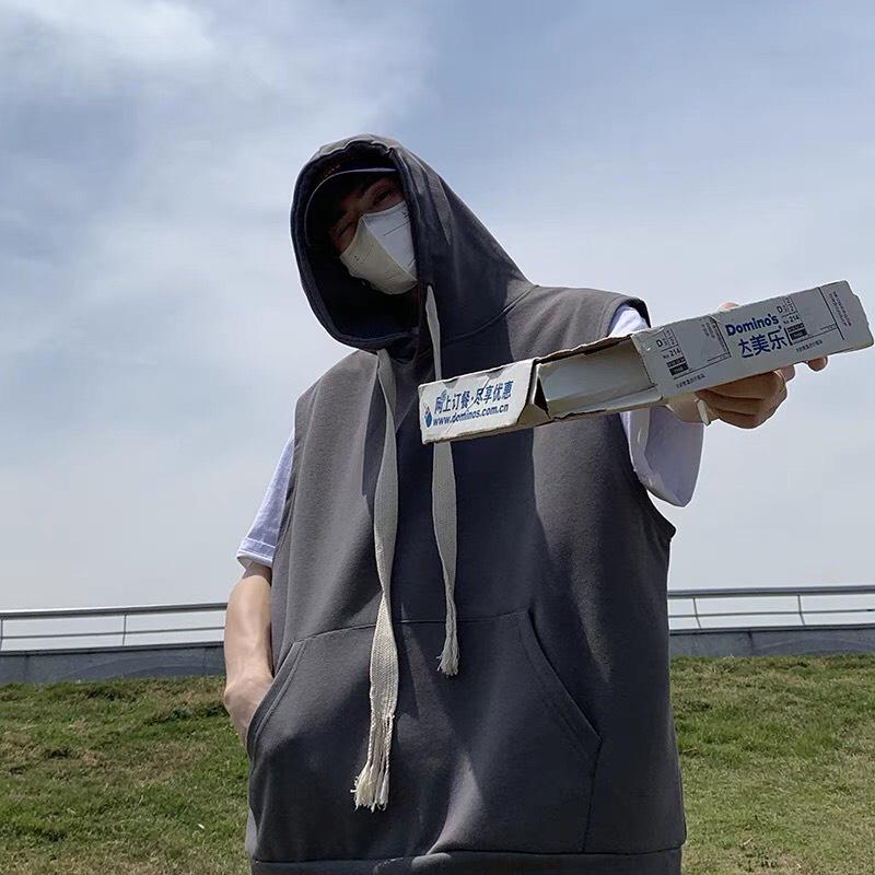 Áo Hoodie form rộng trơn sát nách có mũ trùm đầu phối dây dài Áo HOODIE cổ tròn khồng tay nam nữ đều mặc mùa thu đông