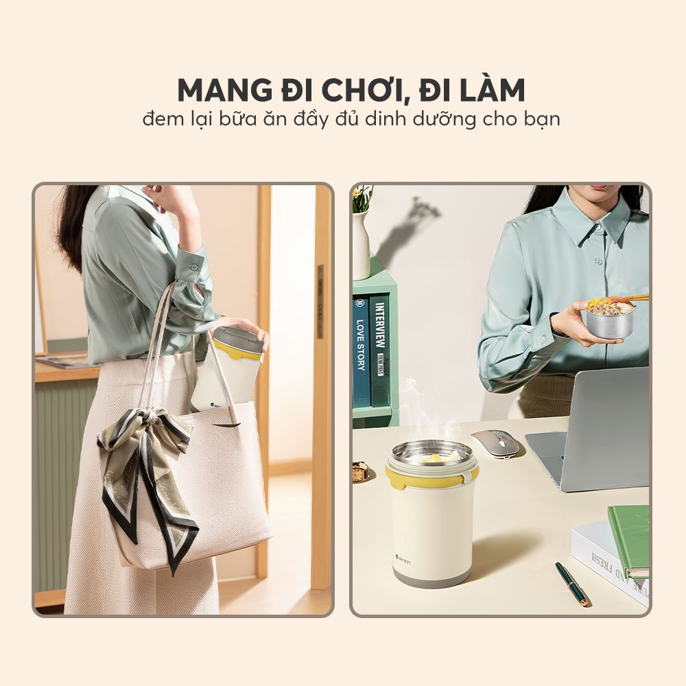 Bình đựng thức ăn giữ nhiệt inox 304 Elmich EL8310 1.2L, Hàng chính hãng, quai xách silicone,nắp có thể tháo rời-JoyMall