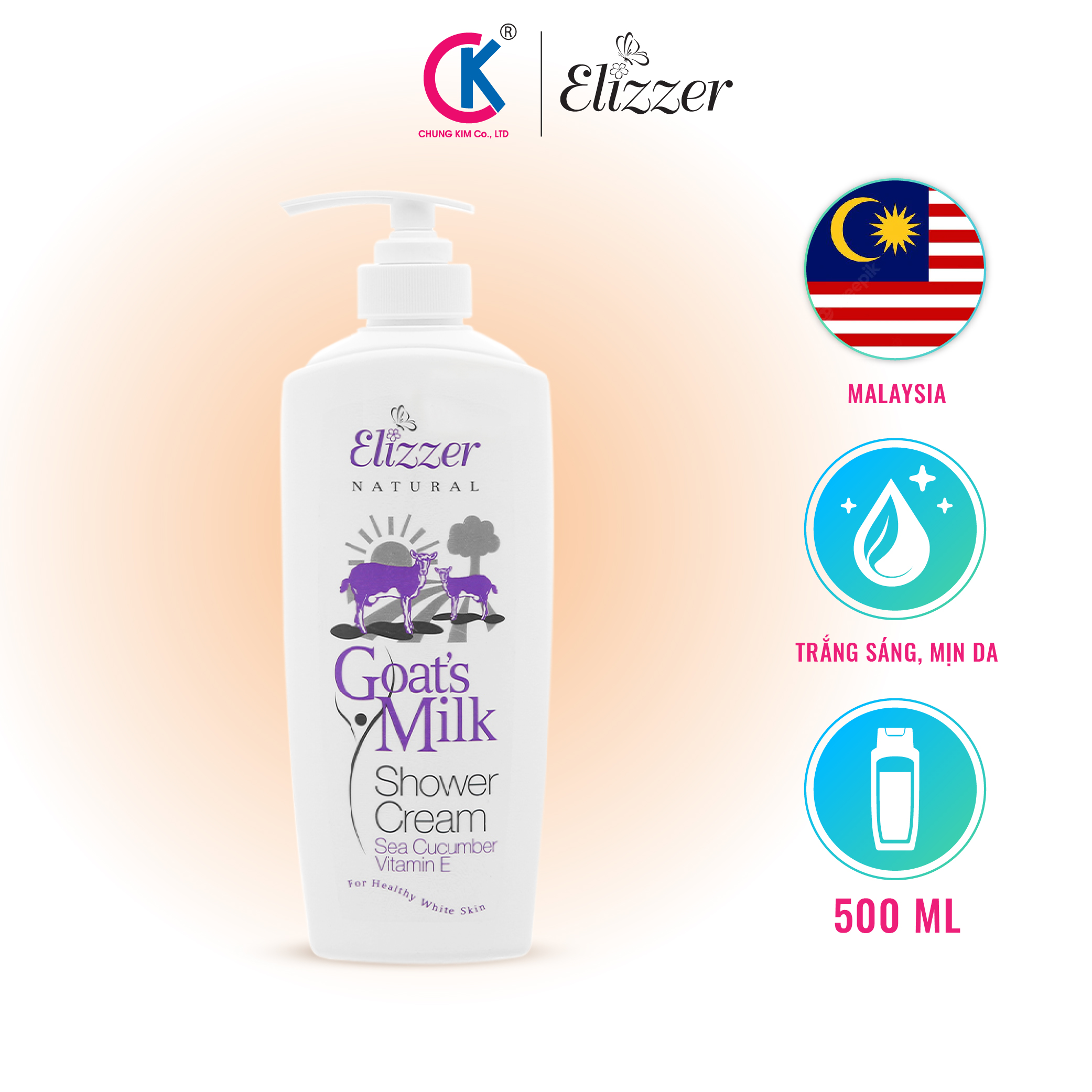 Sữa Tắm Dưỡng Trắng Da Elizzer Goat's Milk Chiết Xuất Sữa Dê 500ml