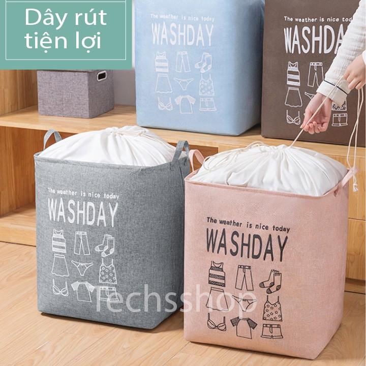 Giỏ Đựng Đồ Khung Sắt Xếp Gọn Họa Tiết Washday Tiện Lợi - Túi Để Quấn Áo Có Dây Rút 53x43cm