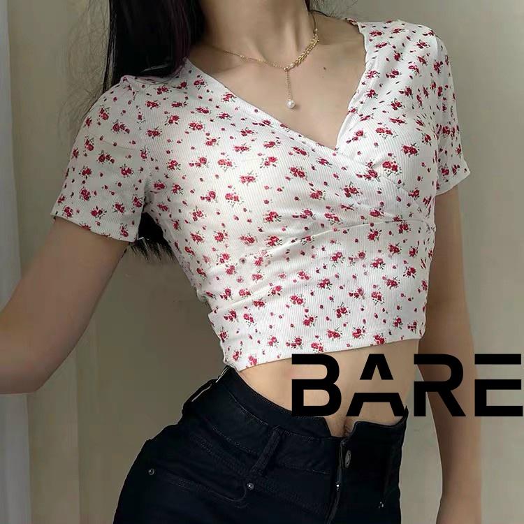 Áo croptop nữ form ôm body tay ngắn hoa nhí mùa hè thiết kế đắp chéo trẻ trung