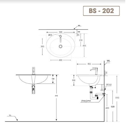 Chậu lavabo rửa mặt dương vành BS-202 sản phẩm chỉ gồm phần sứ (vòi gắn lên thành lavabo)