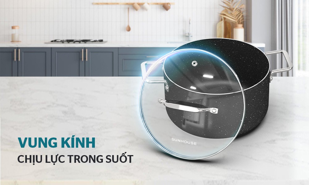 Bộ 3 nồi chống dính siêu bền đá đáy từ Sunhouse SHG7878MB 16-20-24cm dùng trên mọi loại bếp model mới 2023