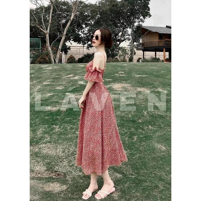 Đầm maxi dự tiệc hoặc đi biển đầm 2 dây trễ vai họa tiết hoa chất liệu lụa 100d mẫu có mút ngực 1 màu như hình