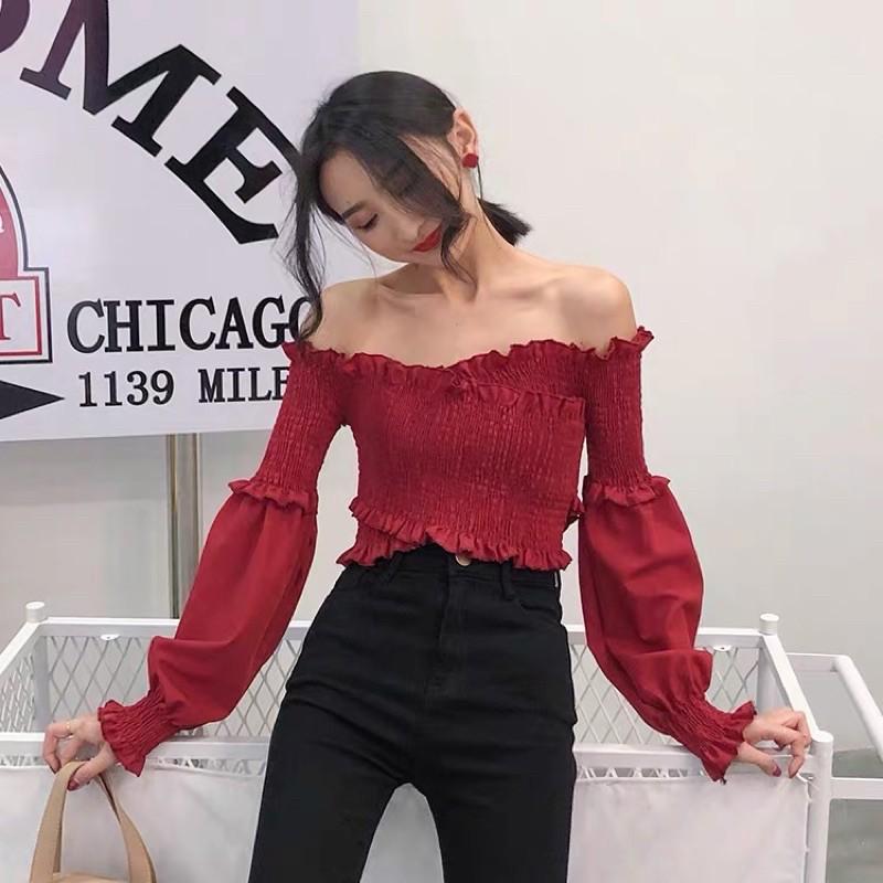 Áo trễ vai đắp xéo nữ sẽy màu đỏ đô