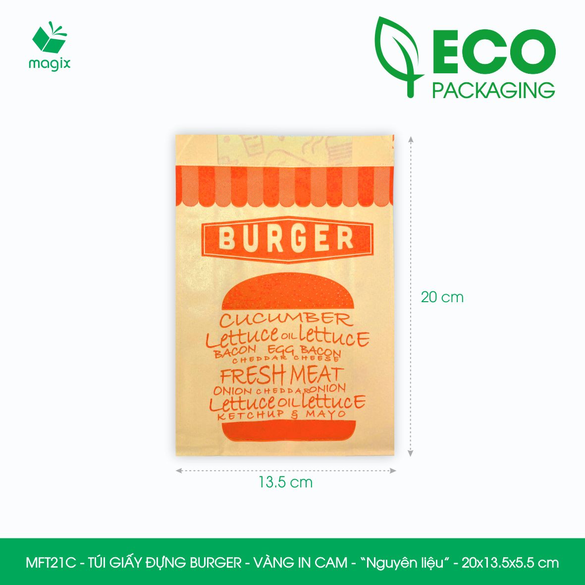 MFT21C - 20x13.5x5.5 cm - 500 Túi giấy Kraft đựng hamburger, túi giấy burger, túi đựng thực phẩm