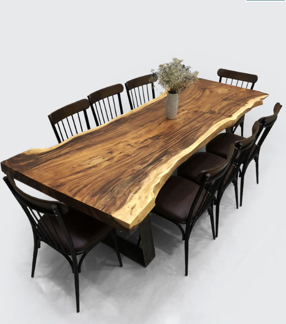 Bộ bàn 8 ghế gỗ me Tây nguyên khối CTMTBD4 Tundo 2m39 x 60/80 x 77cm gỗ dày 7cm