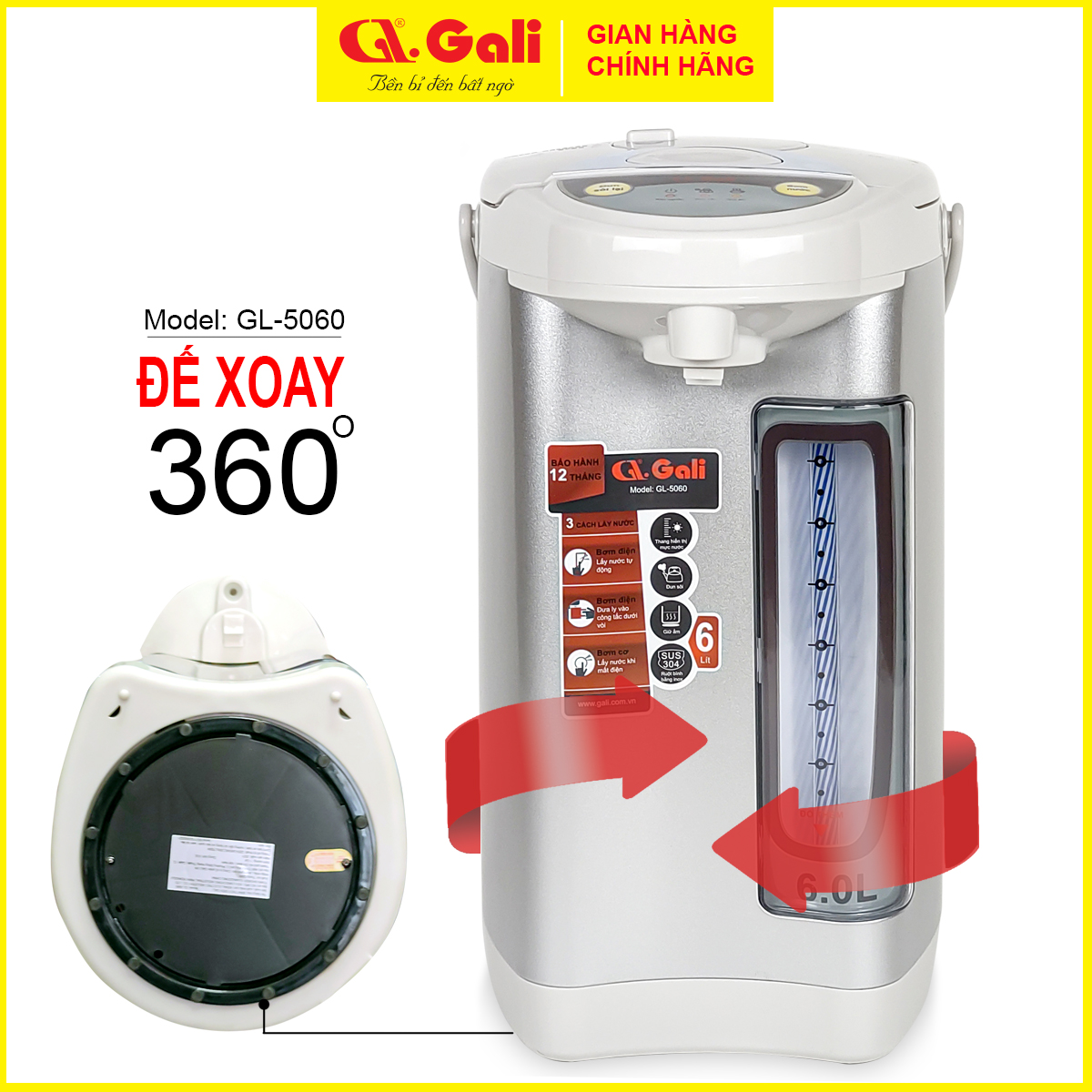 Bình thủy điện Gali, GL-5060 bình đun dung tích 6 lít, phích cấu tạo 2 lớp ngoài bằng thiết, ruột inox 304, hàng chính hãng 100%, bảo hành 24 tháng Gali