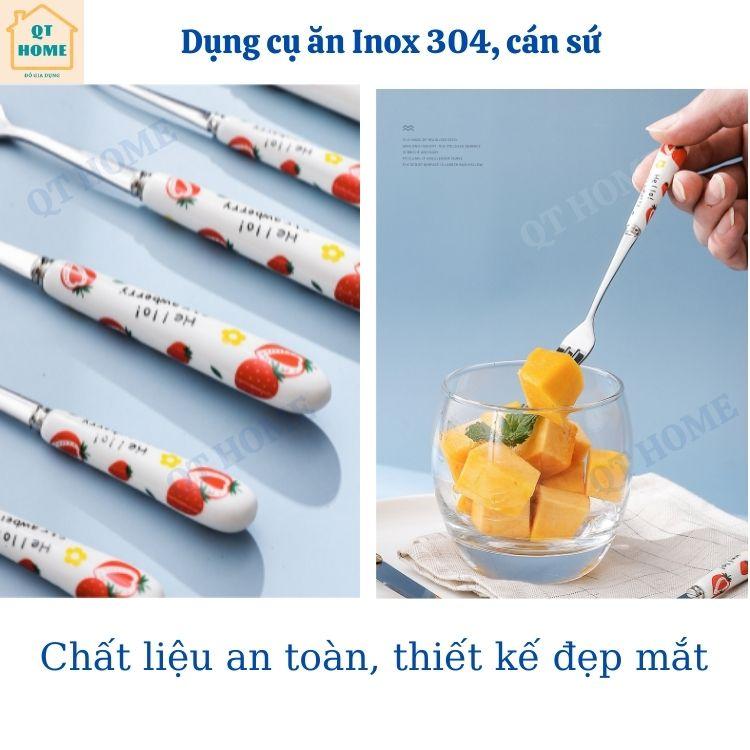 Thìa Muỗng, Dĩa Nĩa, Dao Ăn, Đũa, Chất Liệu Inox 304 và Sứ, Họa Tiết Dâu Tây, Dưa Hấu