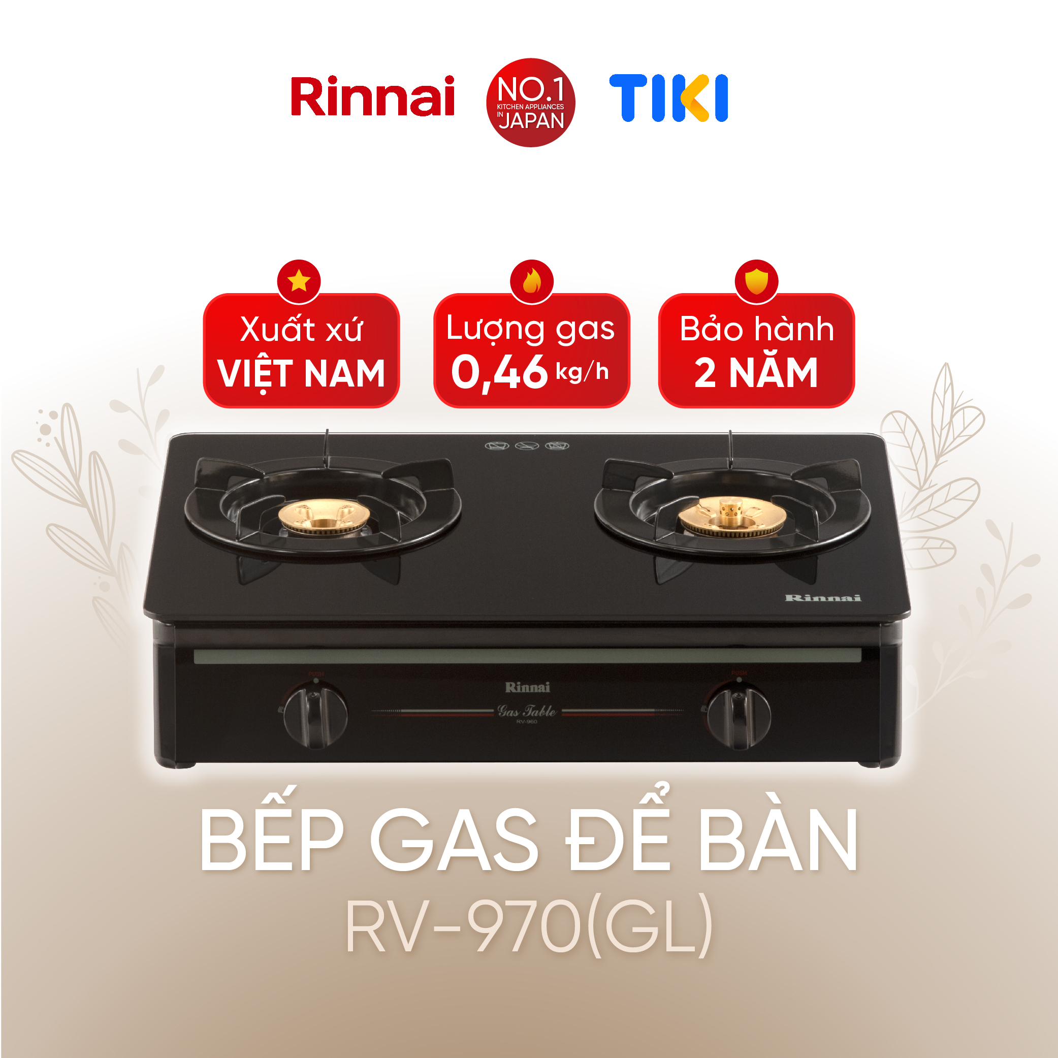 Bếp gas dương Rinnai RV-970(GL) mặt bếp kính và kiềng bếp men - Hàng chính hãng