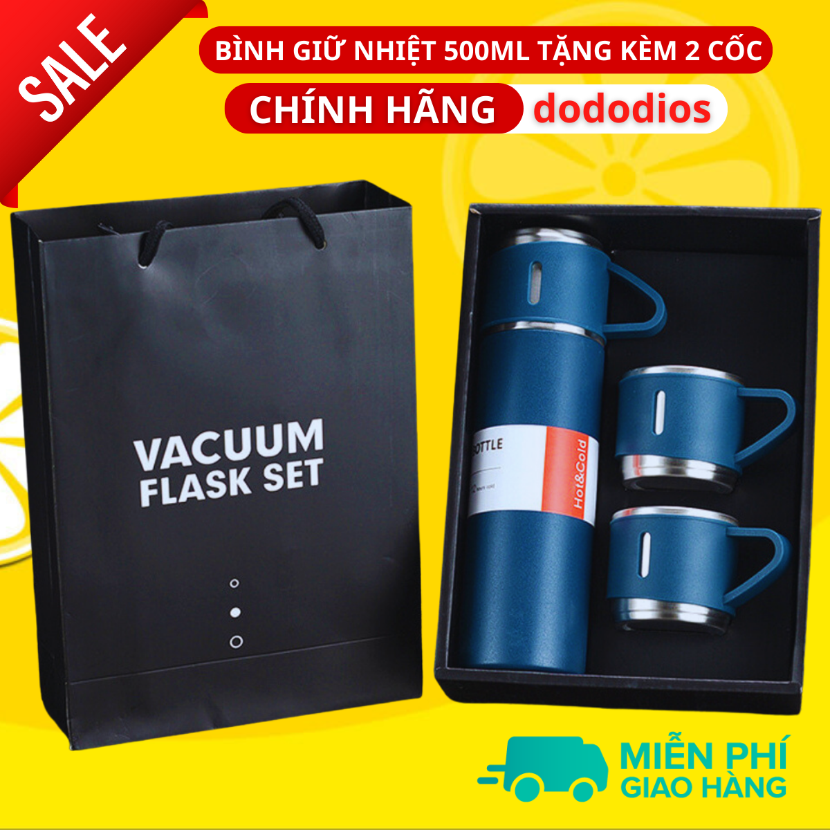 Màu Xanh - bình giữ nhiệt 500ml tặng 2 cốc - Kiểu cách đóng gói hộp quà - có nút nhấn uống trực tiếp - Hàng chính hãng