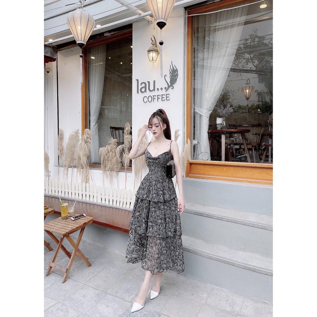 Đầm Maxi 2 Dây Đuôi Dài Dáng Xòe Bèo Tầng Nhún Ngực Họa Tiết Hoa Bo Eo - 2 Màu Đen, Xanh - Dành Cho Nàng Đi Chơi