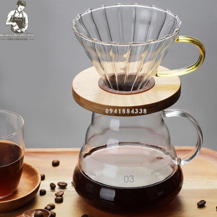 Bình Pha Drip Coffee V60 Phễu Lọc Giá Gỗ Có Tay Cầm