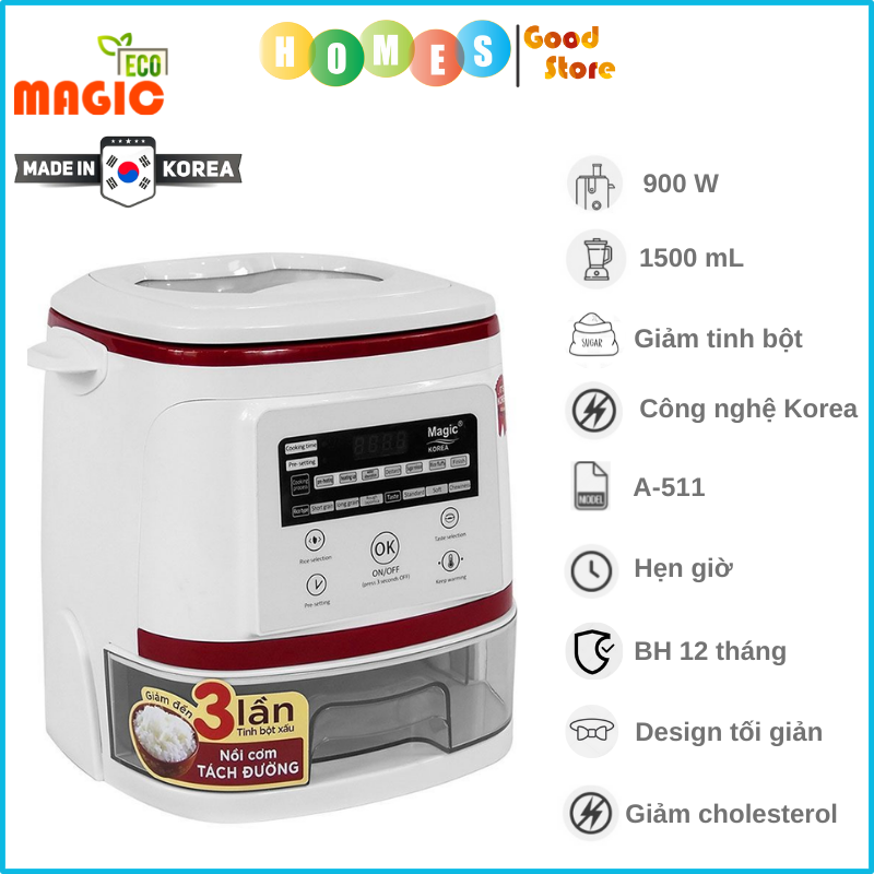 Nồi Cơm Tách Đường MAGIC KOREA A-511 Cho Người Tiểu Đường, Béo Phì, Giảm Cân Dung Tích 1.5L Công Suất 900W - Hàng Chính Hãng