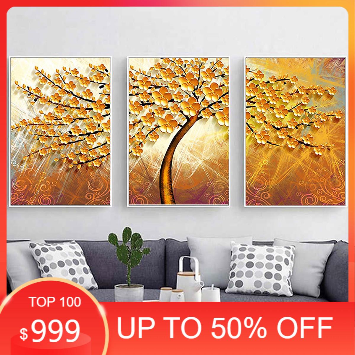 Tranh Tráng Gương Treo Tường Hiện Đại _ Tranh Bộ 3 Cây Vàng Phong Cách