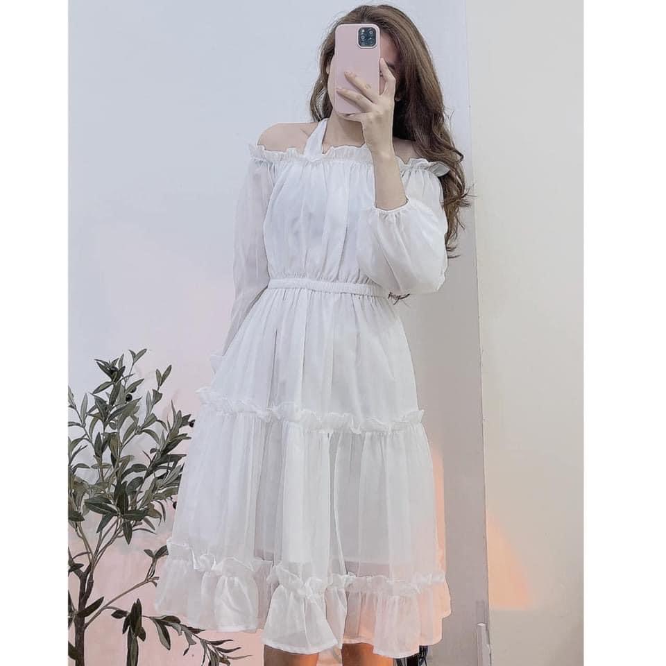 Đầm trắng voan tầng maxi - đầm trễ vai trắng