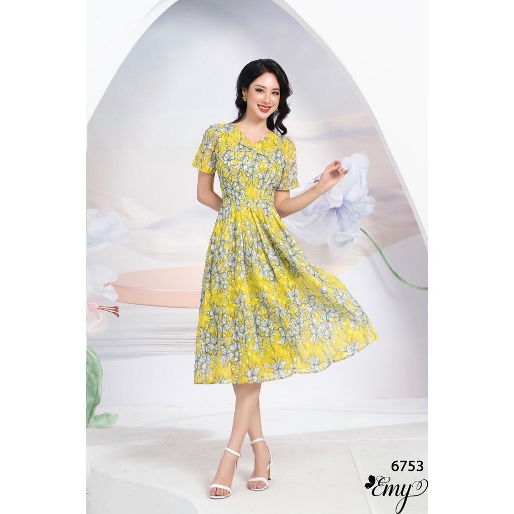 Đầm EMY EM6753 Xoè Cổ V HT Hoa