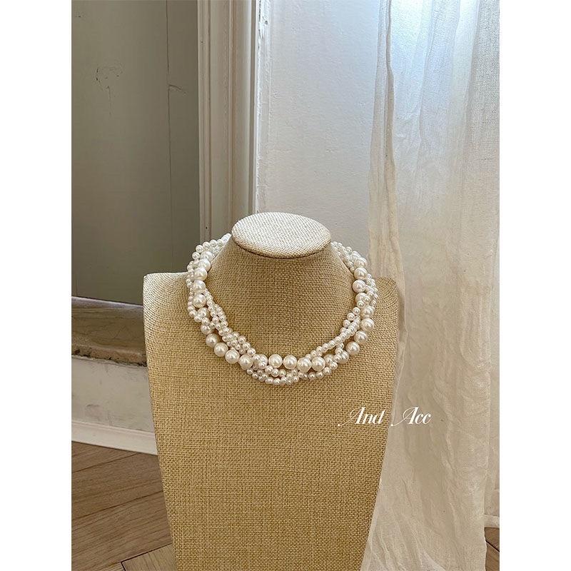 N405 vòng cổ hạt Trai, dây chuyền hạt bẹt dây chuyền choker 4 dây đan xoắn hạt nhiều kích cỡ cho nữ