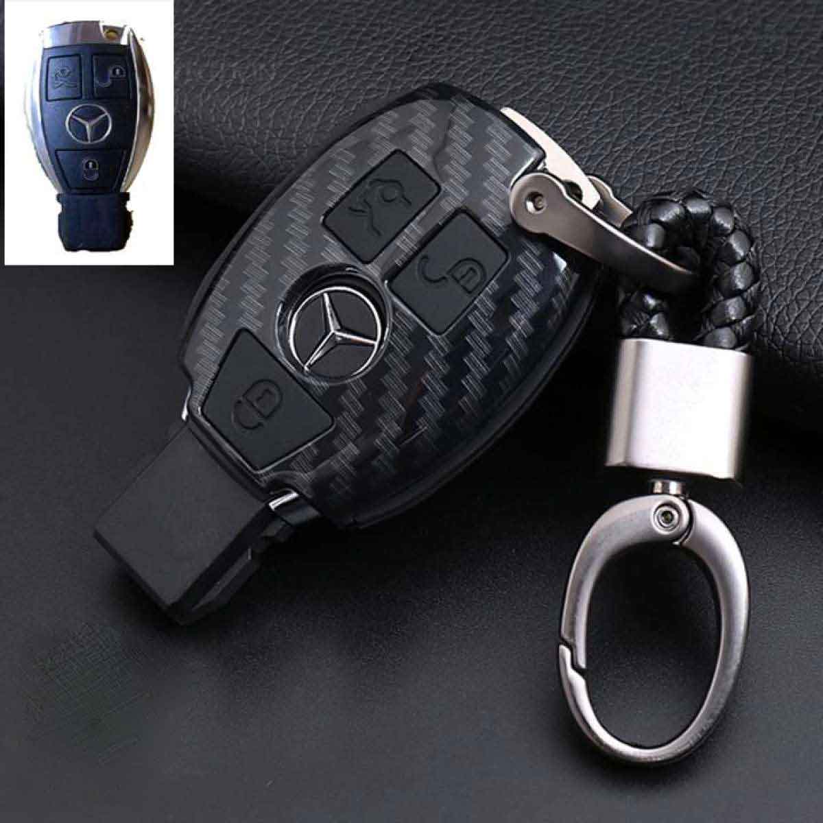 Ốp Chìa Khóa Ô Tô Cacbon, Kèm Móc Treo Inox Cho Xe Ô Tô Mercedes-BENZ