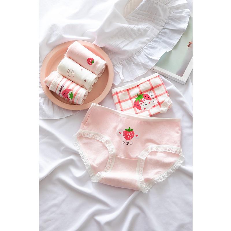 Quần Lót Nữ Cotton Kháng Khuẩn Hình Dâu Tây Viền Ren Ngang Eo . Hàng Loại Đẹp.