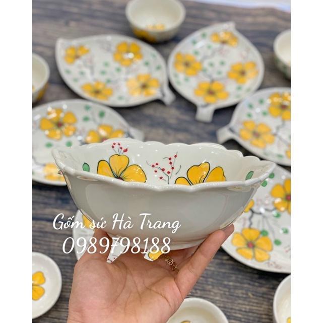 Bộ bát đĩa gốm sứ Bát Tràng cao cấp không chì hoa 6 cánh vẽ hoa vàng
