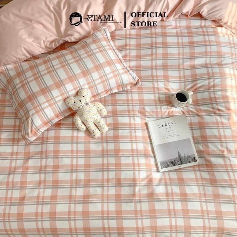 Bộ chăn ga gối đệm cao cấp cotton poly kẻ cam cute miễn phí bo chun drap giường ga trải giường P10