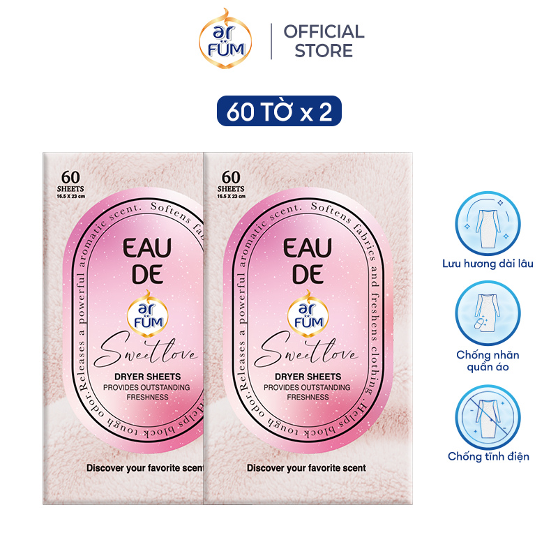 Combo 2 Giấy Thơm Arfum Dùng Cho Máy Sấy Làm Mềm Vải Và Chống Tĩnh Điện , Khử Mùi Tủ Giày, Tủ Quần Áo (60 Tờ/ Hộp)