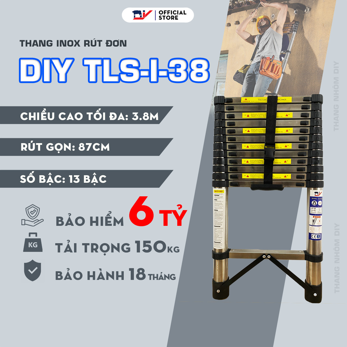 Thang rút đơn inox DIY TLS-I-38 chiều cao sử dụng tối đa 3.8m, tải trọng 150kg