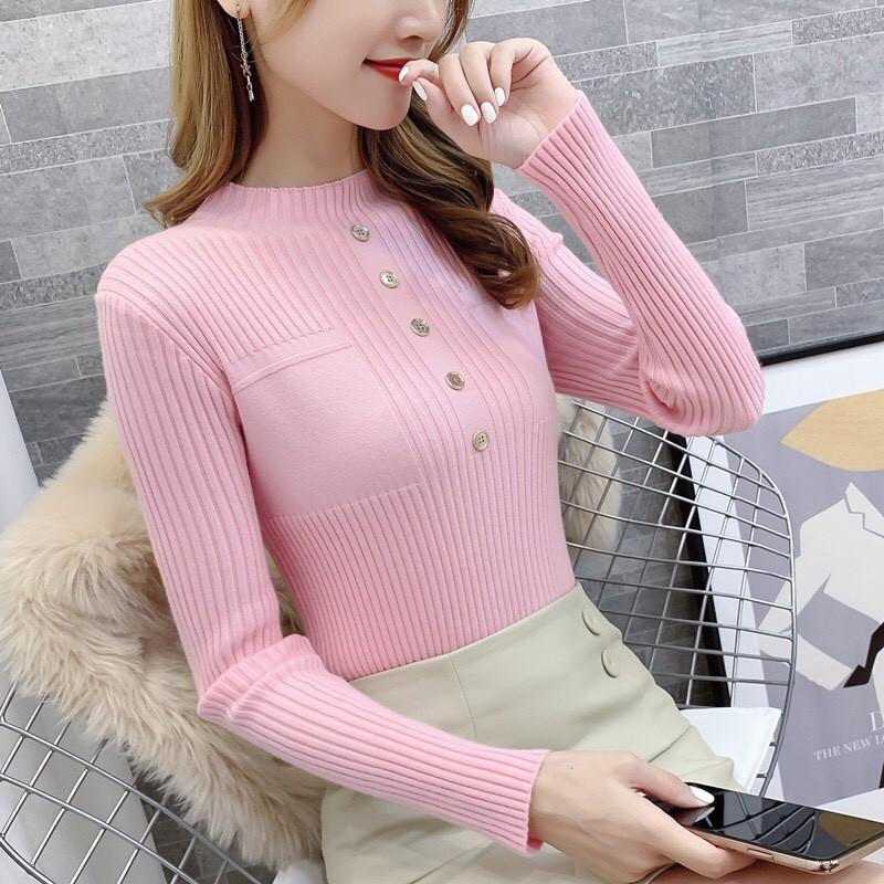 Áo len cổ cao phối cúc- áo len nữ mỏng mặc mùa thu