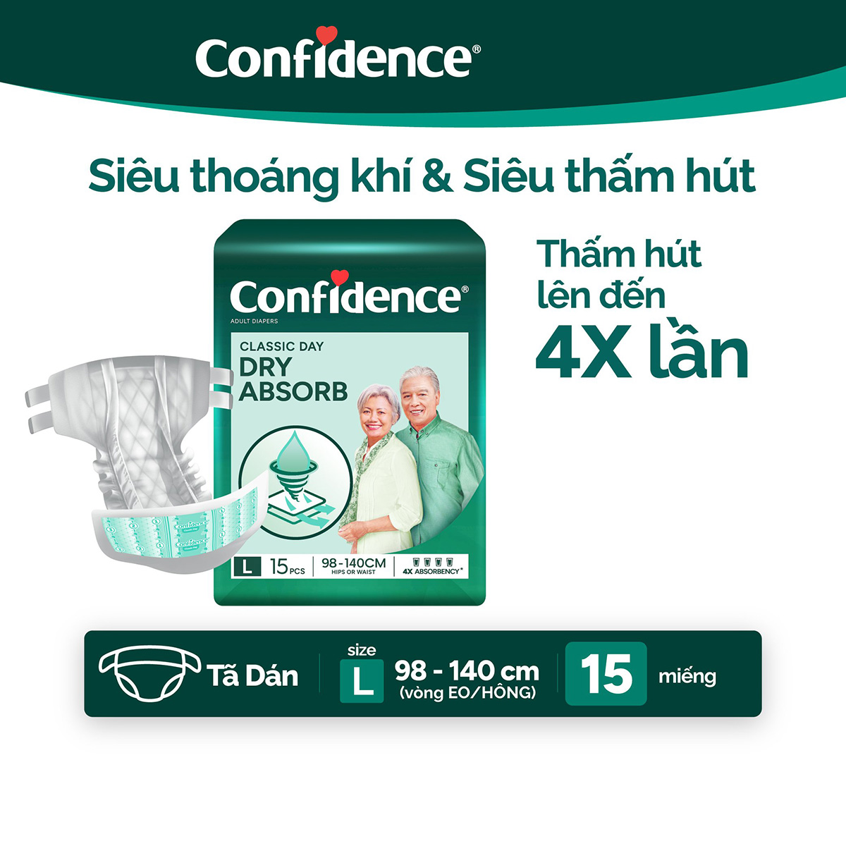 Tã dán Người lớn Confidence Classic Day size M15 (15 miếng)