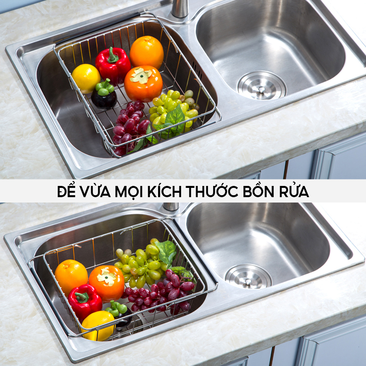 Khay Inox Gác Bồn Rửa VANDO Giá Rổ Đa Năng Co Giãn Rửa Rau, Trái Cây, Úp Chén Đĩa