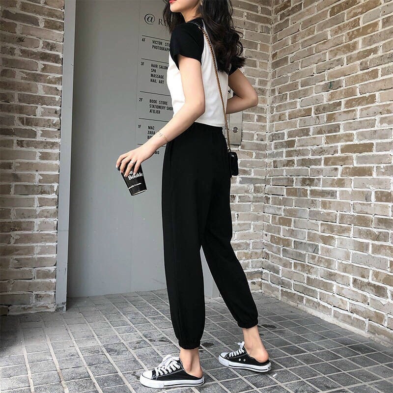 Quần đũi nữ baggy bo gấu cạp chun lưng cao ống bó siêu nhẹ dáng